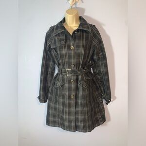 Merona vintage black gray tartan plaid Belted Women's trench Coat size small